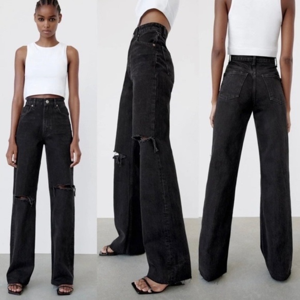 Zara wide leg full length high waisted black jeans distressed - 2